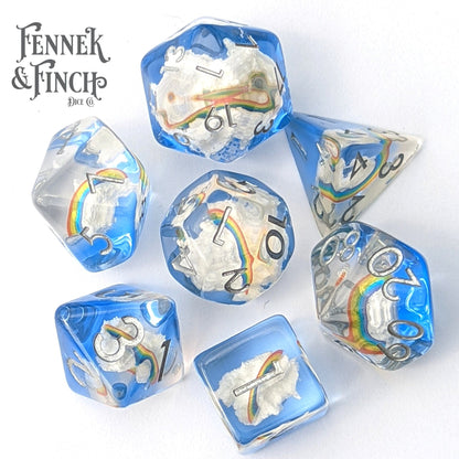 Rainbows and Clouds Dice Set – 7 - Piece Sky Dream DnD Dice - Fennek and Finch