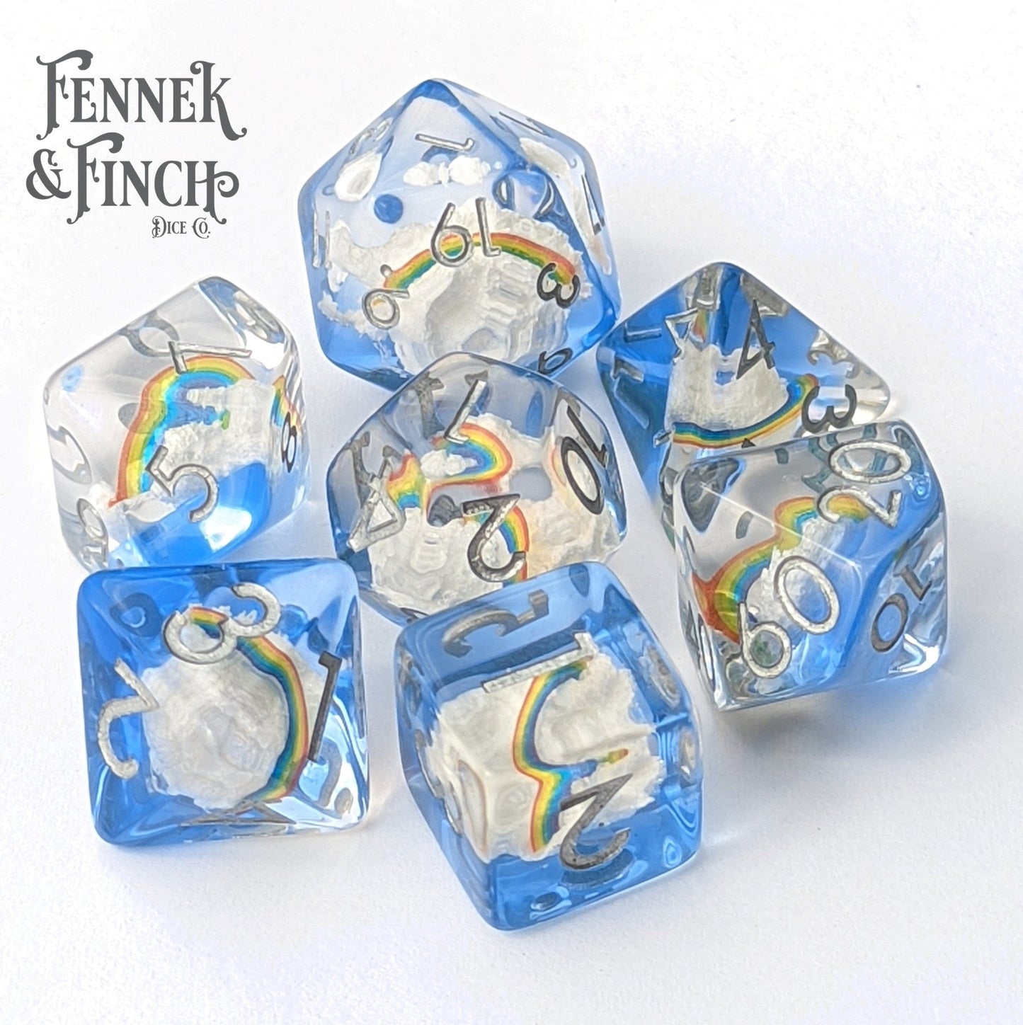 Rainbows and Clouds Dice Set – 7 - Piece Sky Dream DnD Dice - Fennek and Finch