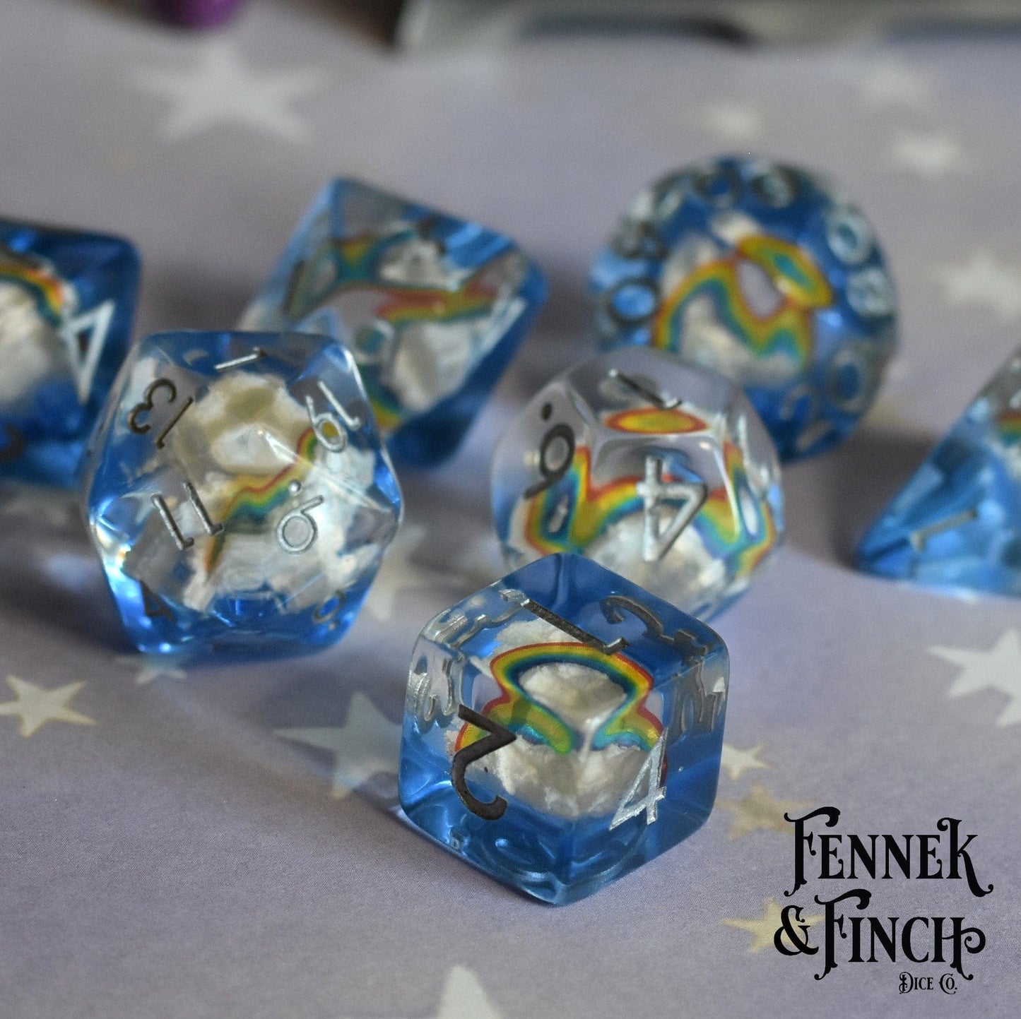 Rainbows and Clouds Dice Set – 7 - Piece Sky Dream DnD Dice - Fennek and Finch