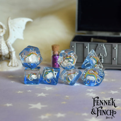 Rainbows and Clouds Dice Set – 7 - Piece Sky Dream DnD Dice - Fennek and Finch