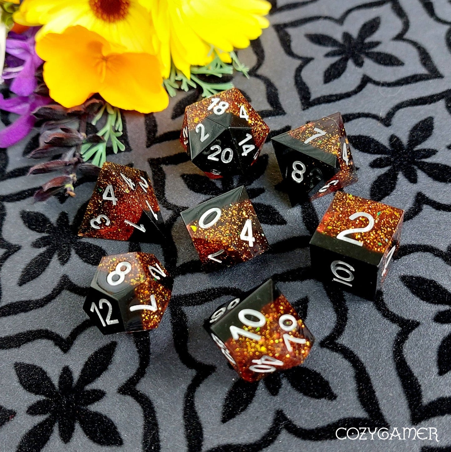 Ray of Darkness Sharp Edge Dice Set – 7 - Piece Black Resin DnD Dice - Fennek and Finch
