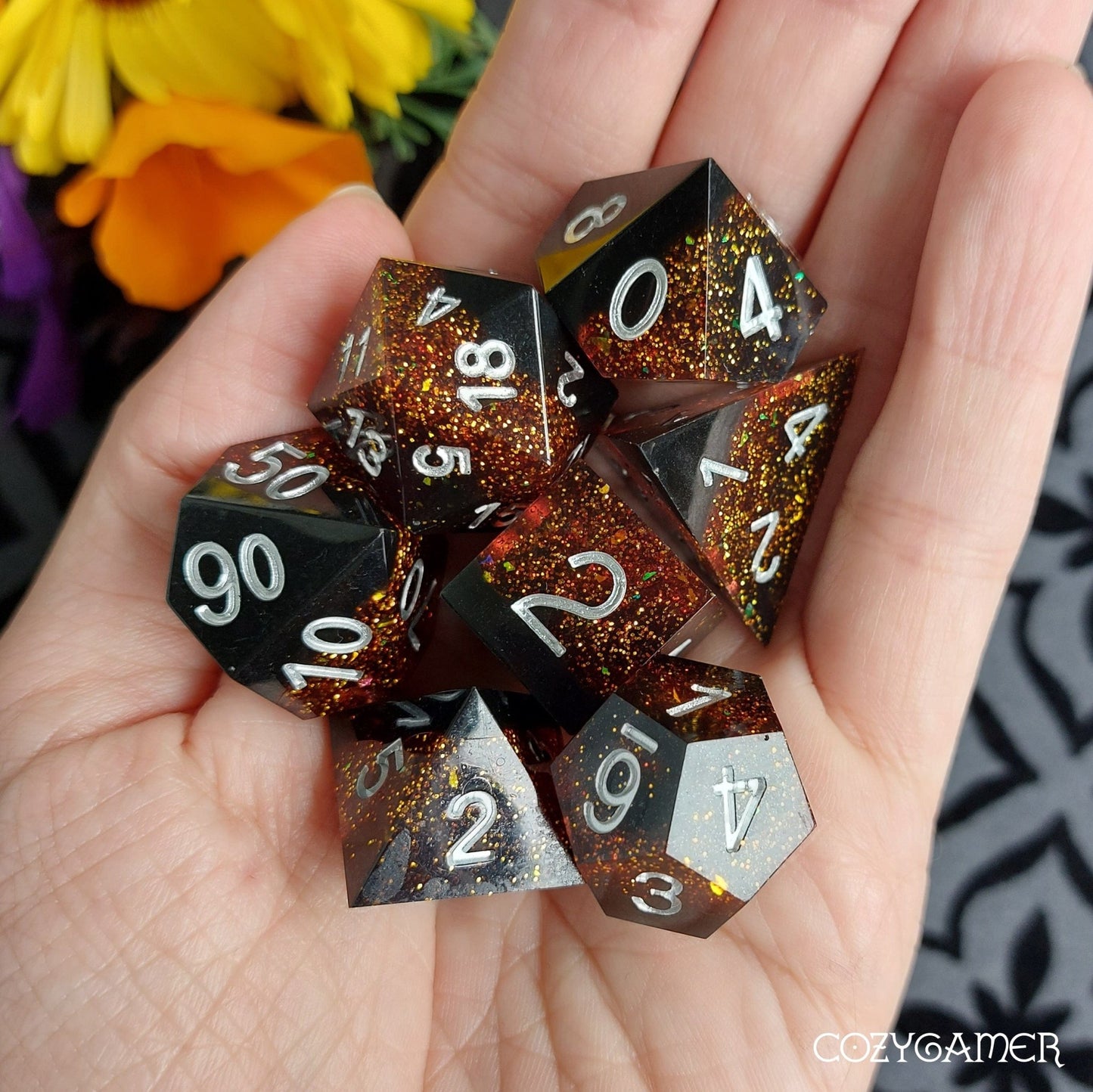 Ray of Darkness Sharp Edge Dice Set – 7 - Piece Black Resin DnD Dice - Fennek and Finch