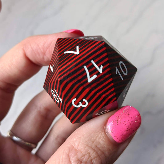 Red and Black Wood Stripe Large Wooden D20 - CozyGamer