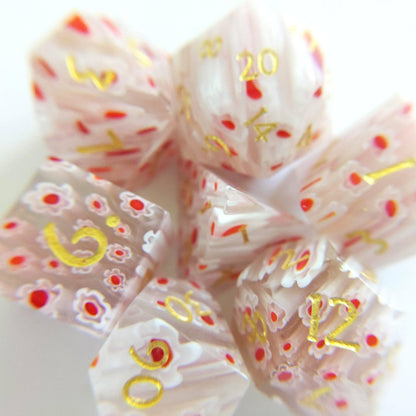 Red and White Flower Glass Dice Set. Semi Precious Gemstone 7 Piece TTRPG Dice - CozyGamer