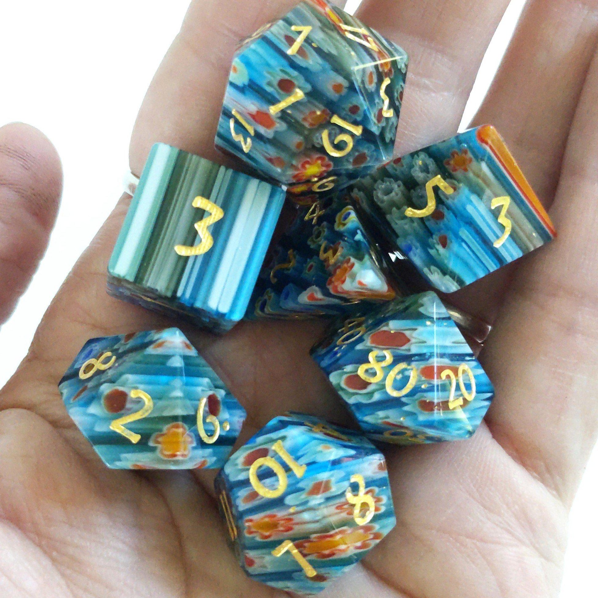 Red, Blue and Yellow Flower Glass Dice Set. Semi Precious Gemstone 7 Piece TTRPG Dice - CozyGamer