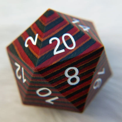 Red Blue Brown Stripe Large Wood D20 – Oversized Wooden DnD Die Dice sets Fennek and Finch