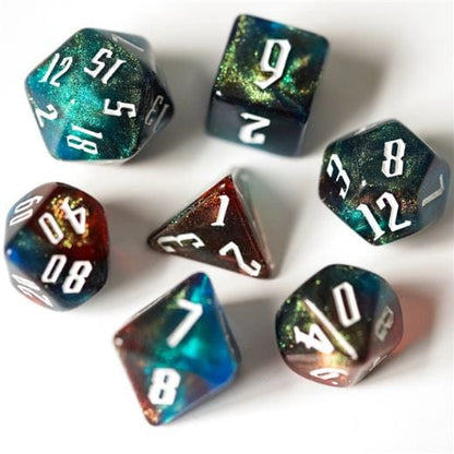 Red Blue Grey Glitter Acrylic Dice Set With Fantasy Font. TTRPG 7 Piece Dice