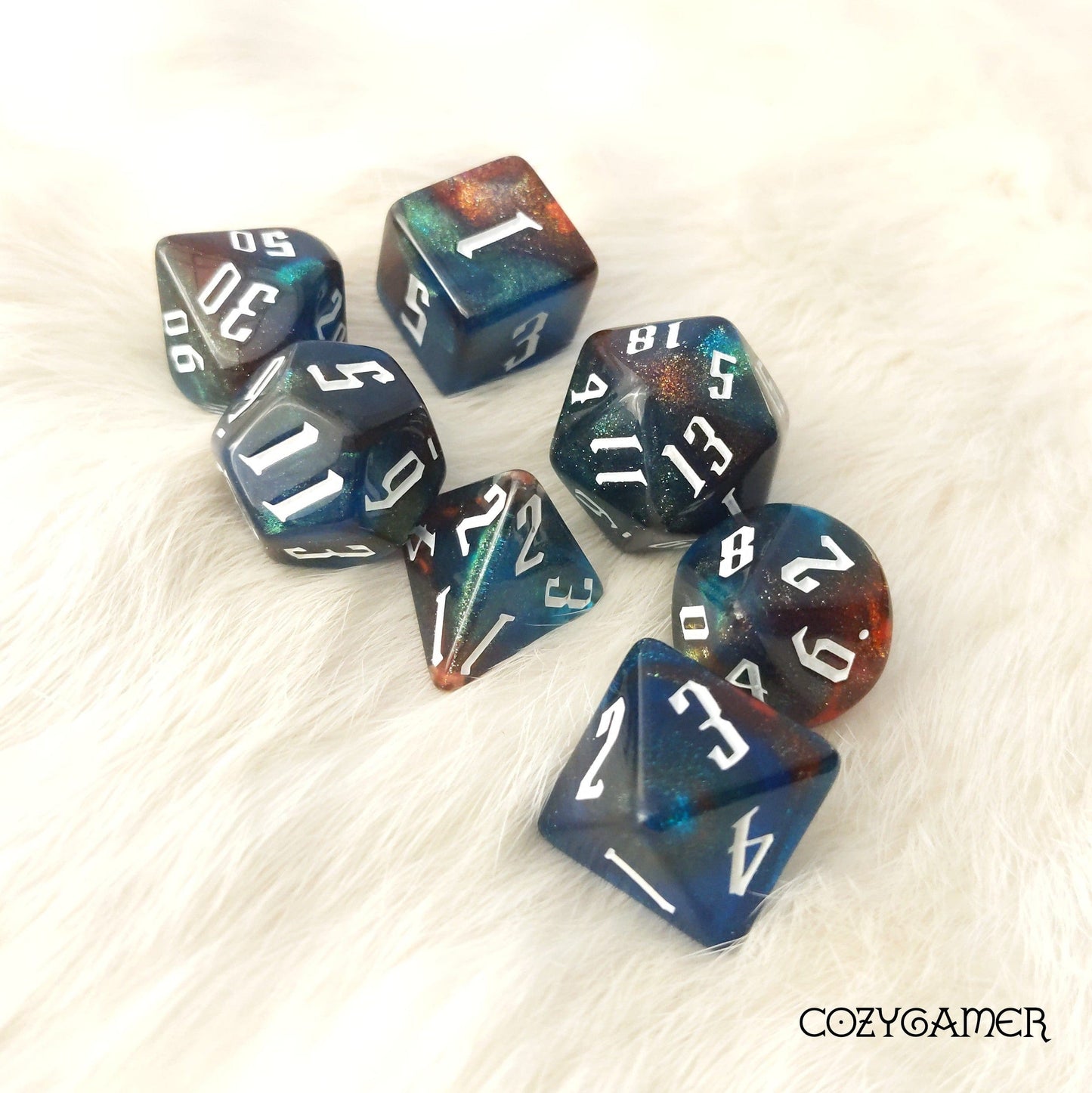 Red Blue Grey Glitter Acrylic Dice Set With Fantasy Font. TTRPG 7 Piece Dice