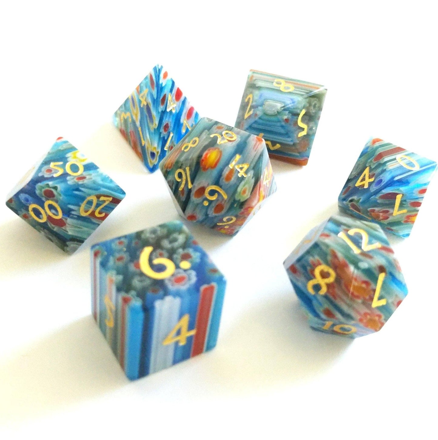Red Blue Yellow Flower Glass Dice Set – 7-Piece Gemstone Floral DnD Dice sets Fennek and Finch