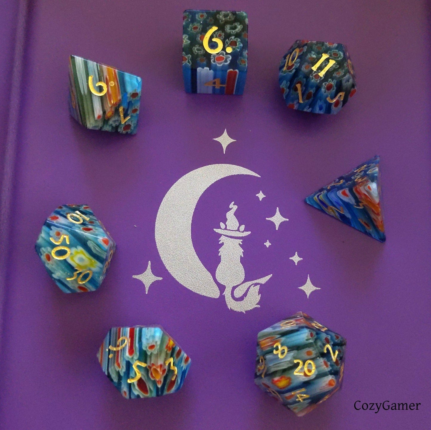 Red Blue Yellow Flower Glass Dice Set – 7-Piece Gemstone Floral DnD Dice sets Fennek and Finch