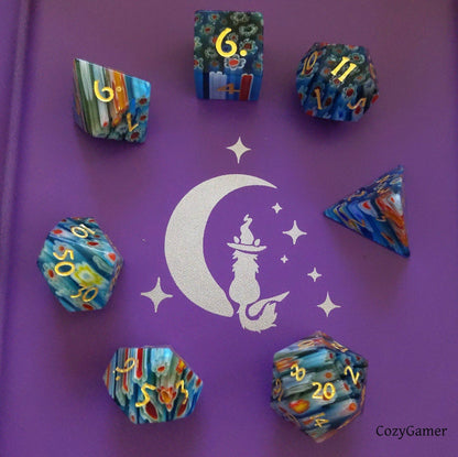 Red Blue Yellow Flower Glass Dice Set – 7-Piece Gemstone Floral DnD Dice sets Fennek and Finch