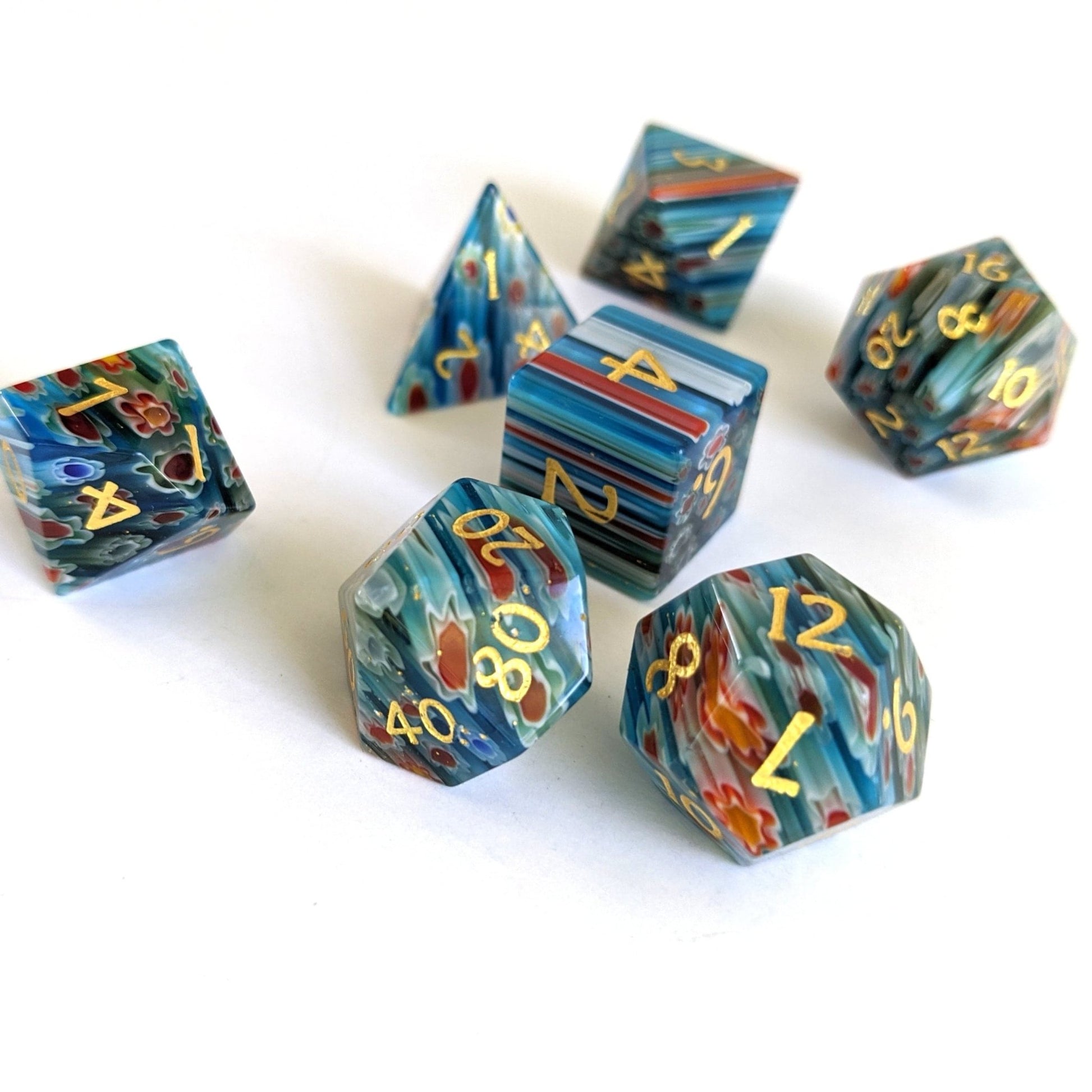 Red Blue Yellow Flower Glass Dice Set – 7-Piece Gemstone Floral DnD Dice sets Fennek and Finch