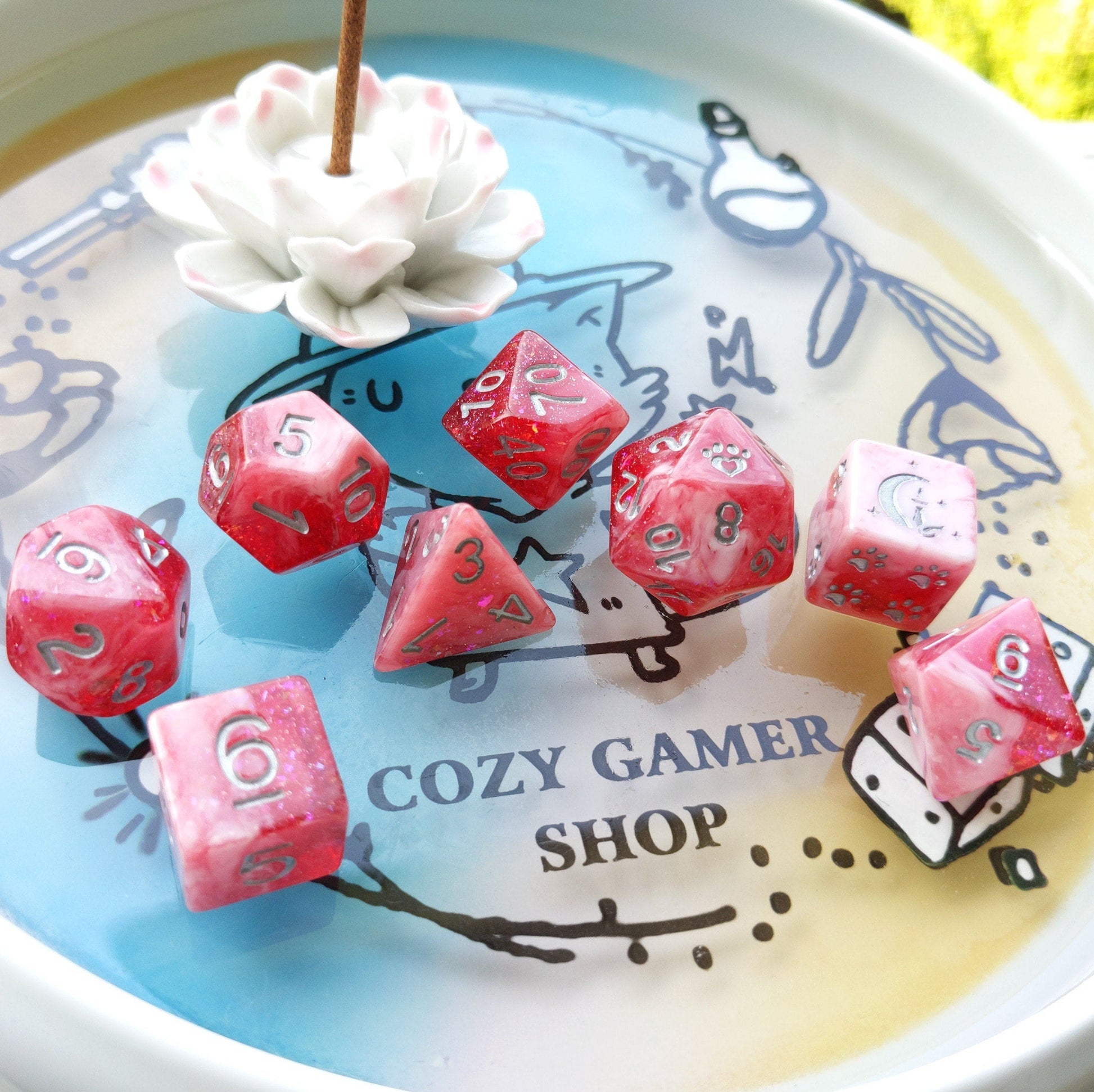 Red Dahlia 8 Piece Dice Set. Clear Red and White Marble, with Glitter and Foil - CozyGamer