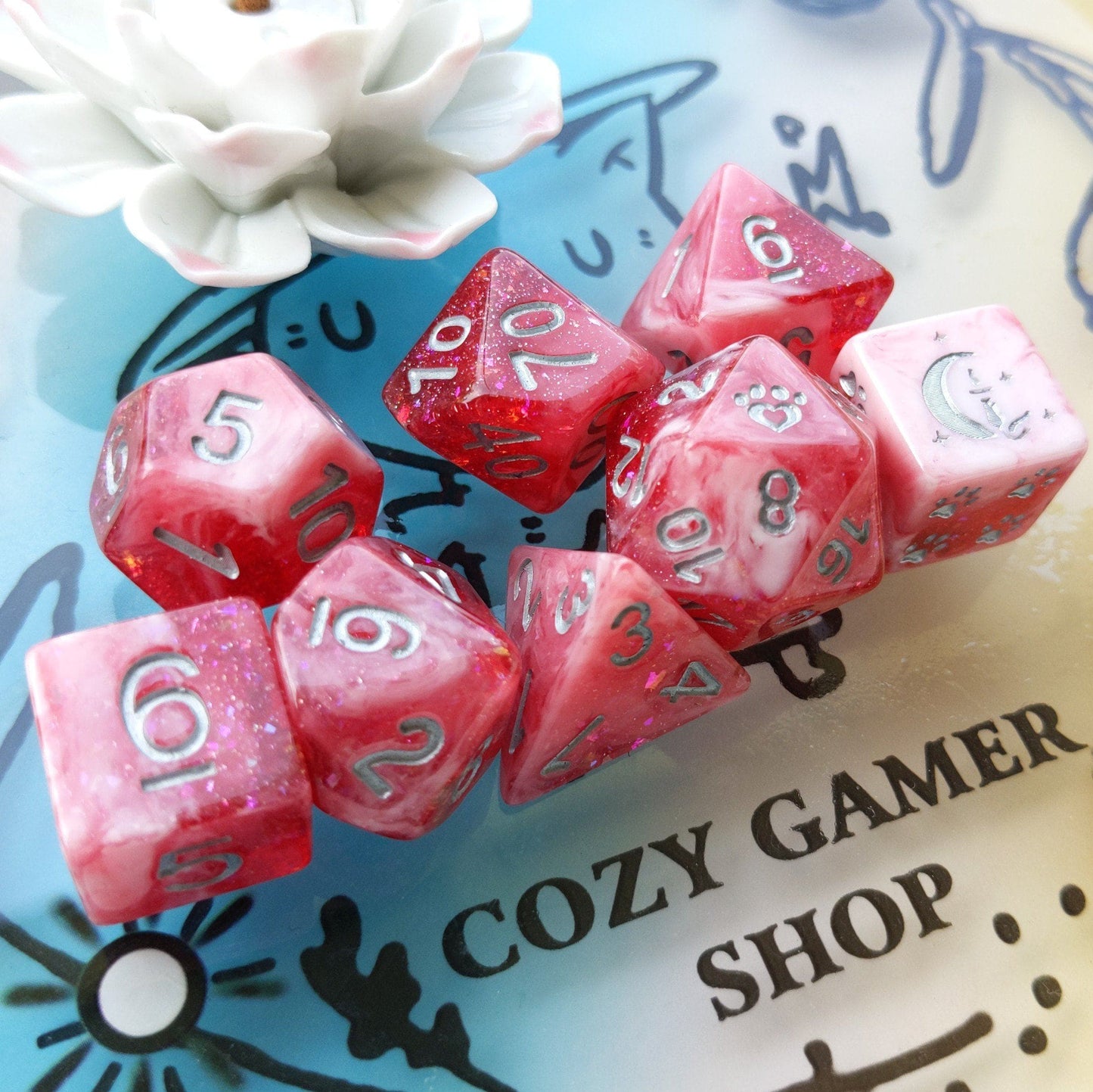 Red Dahlia 8 Piece Dice Set. Clear Red and White Marble, with Glitter and Foil - CozyGamer