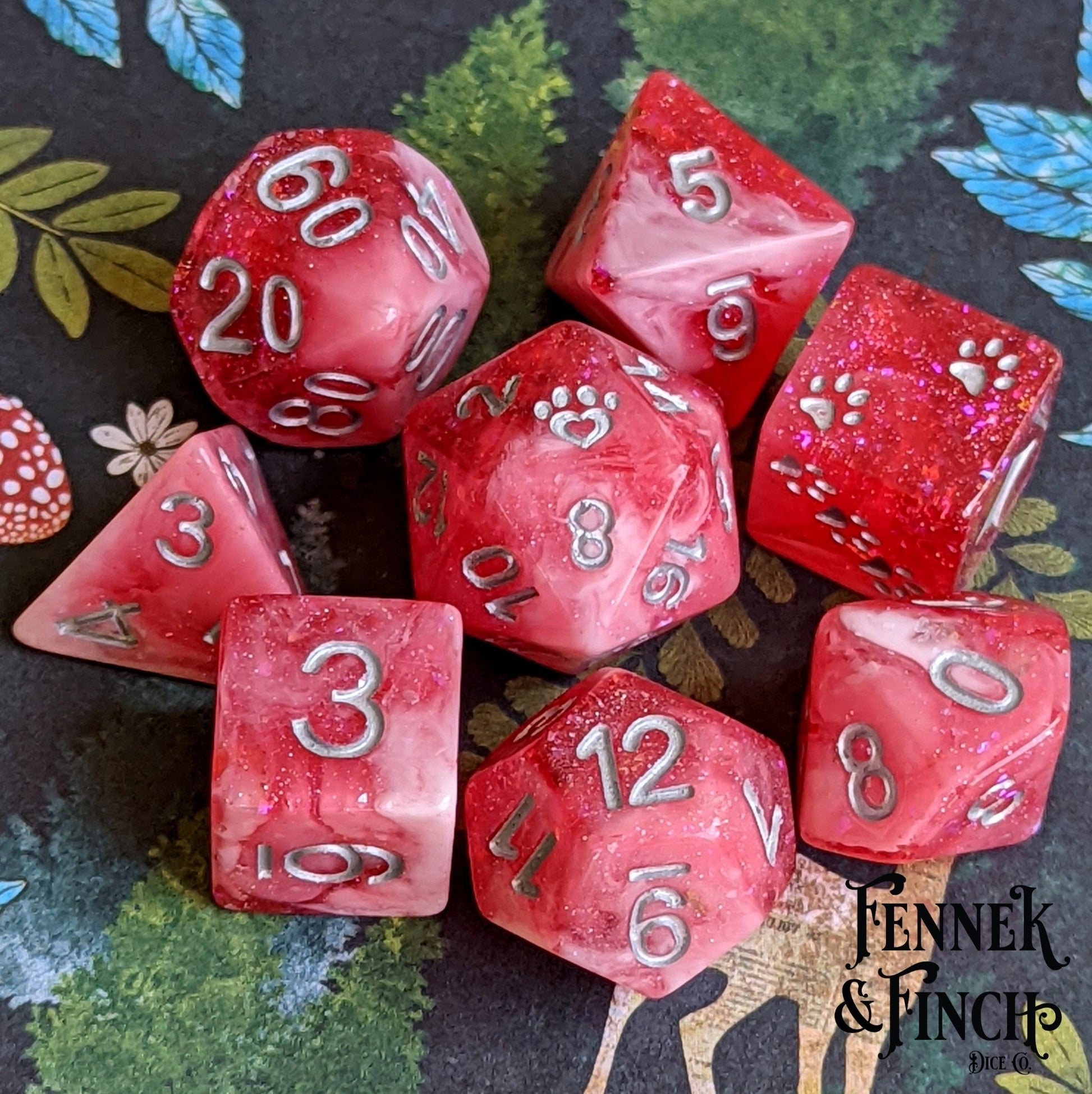 Red Dahlia 8 Piece Dice Set – Clear Red Glitter Foil White Marbled Cat Wizard - Fennek and Finch