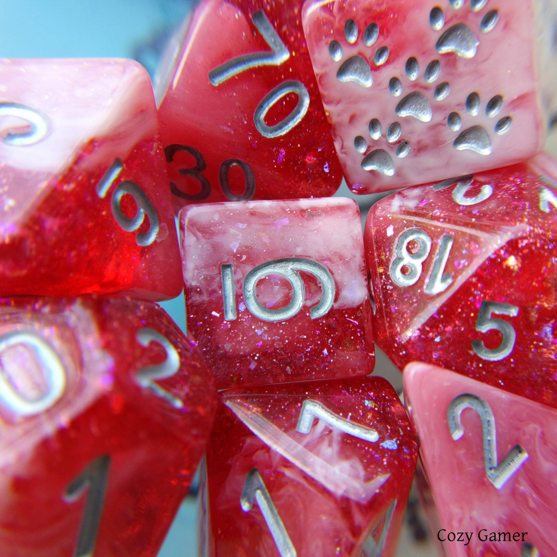 Red Dahlia 8 Piece Dice Set – Clear Red Glitter Foil White Marbled Cat Wizard - Fennek and Finch