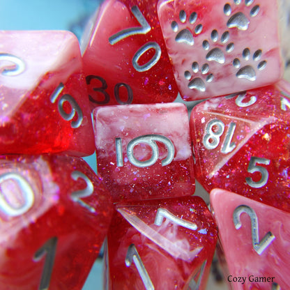 Red Dahlia 8 Piece Dice Set – Clear Red Glitter Foil White Marbled Cat Wizard - Fennek and Finch