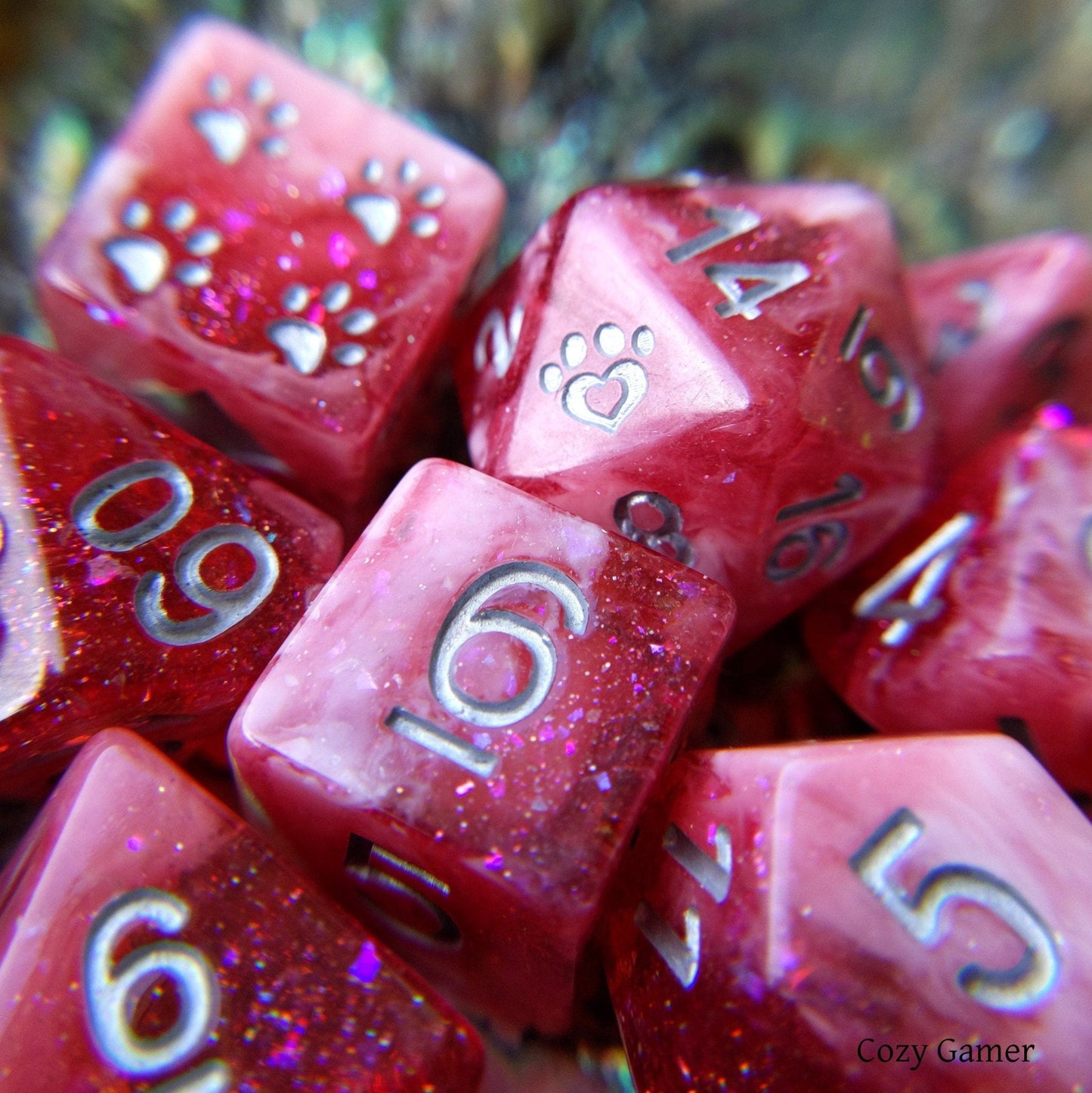 Red Dahlia 8 Piece Dice Set – Clear Red Glitter Foil White Marbled Cat Wizard - Fennek and Finch