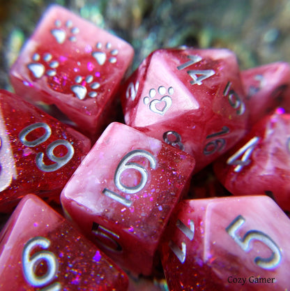 Red Dahlia 8 Piece Dice Set – Clear Red Glitter Foil White Marbled Cat Wizard - Fennek and Finch