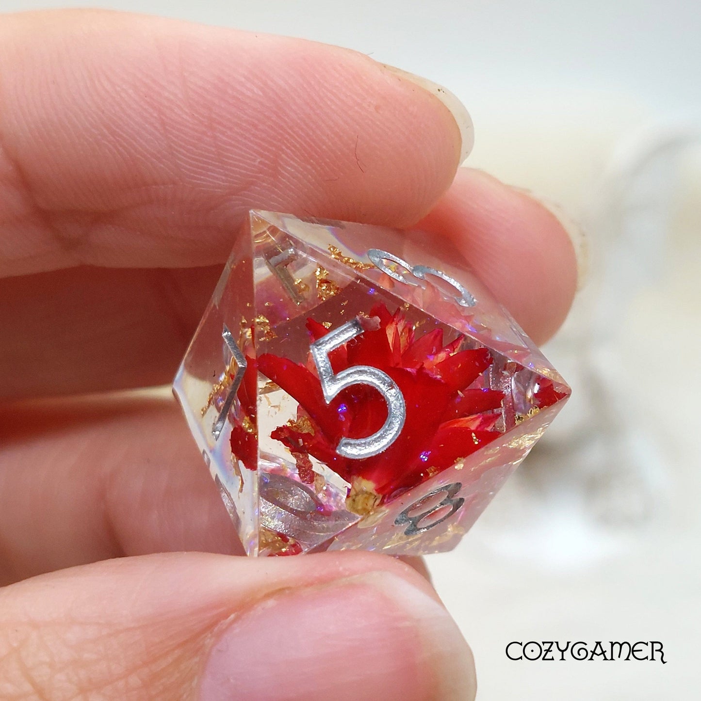 Red Flower and Gold Sharp Edge Resin Dice Set. 7 Piece DND dice set with real dried flowers.