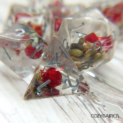 Red Flower and Lavender Dice Set. Real Dried Flower in Clear Resin Dice sets Fennek and Finch