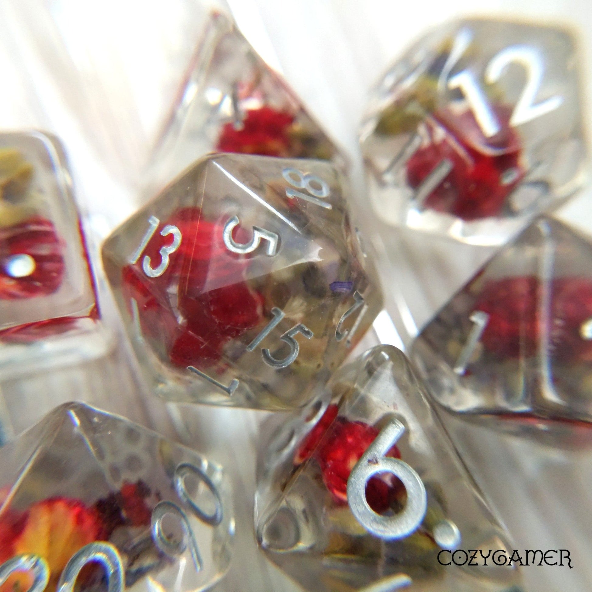 Red Flower and Lavender Dice Set. Real Dried Flower in Clear Resin Dice sets Fennek and Finch