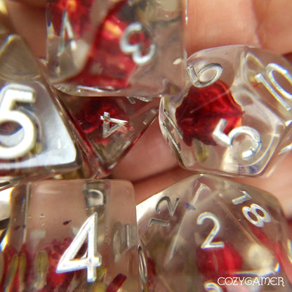 Red Flower and Lavender Dice Set. Real Dried Flower in Clear Resin Dice sets Fennek and Finch