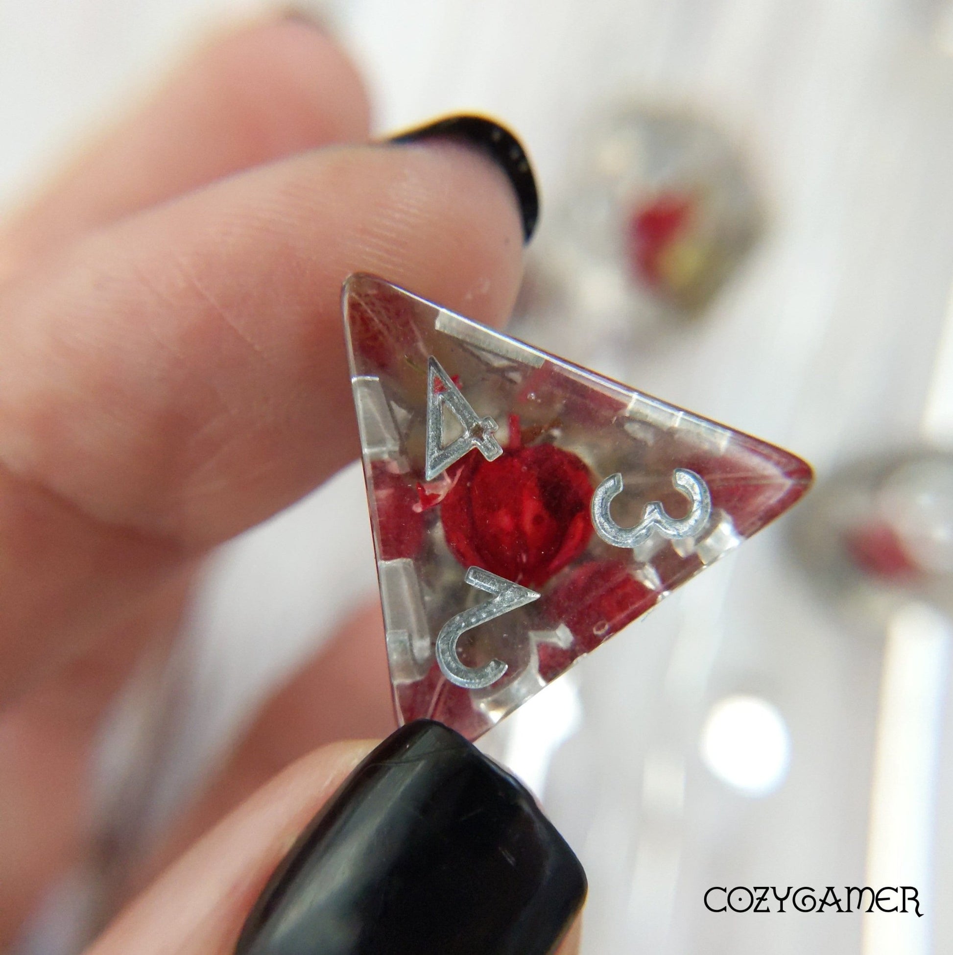 Red Flower and Lavender Dice Set. Real Dried Flower in Clear Resin Dice sets Fennek and Finch