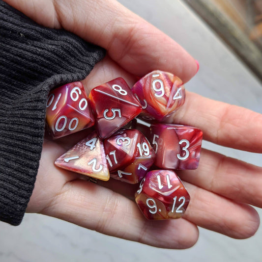 Red, Purple, and Gold Three Tone Marbled Dice Set - CozyGamer