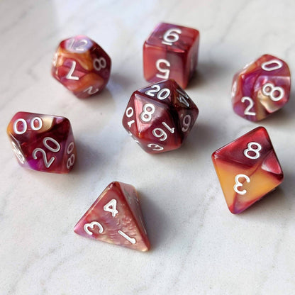 Red Purple Gold Dice Set – 7 - Piece Three Tone Marbled DnD Dice - Fennek and Finch
