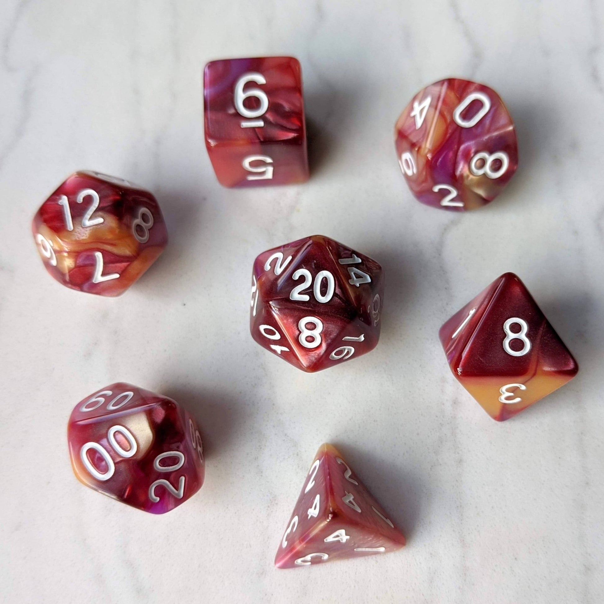 Red Purple Gold Dice Set – 7 - Piece Three Tone Marbled DnD Dice - Fennek and Finch