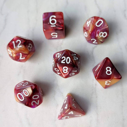 Red Purple Gold Dice Set – 7 - Piece Three Tone Marbled DnD Dice - Fennek and Finch