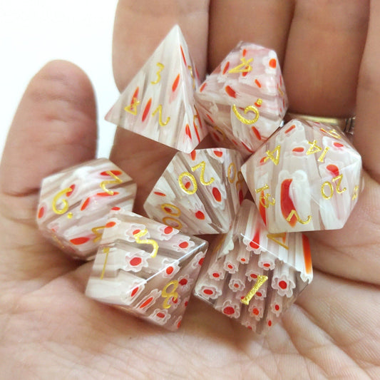 Red White Flower Glass Dice Set – 7 - Piece Gemstone Floral DnD Dice - Fennek and Finch