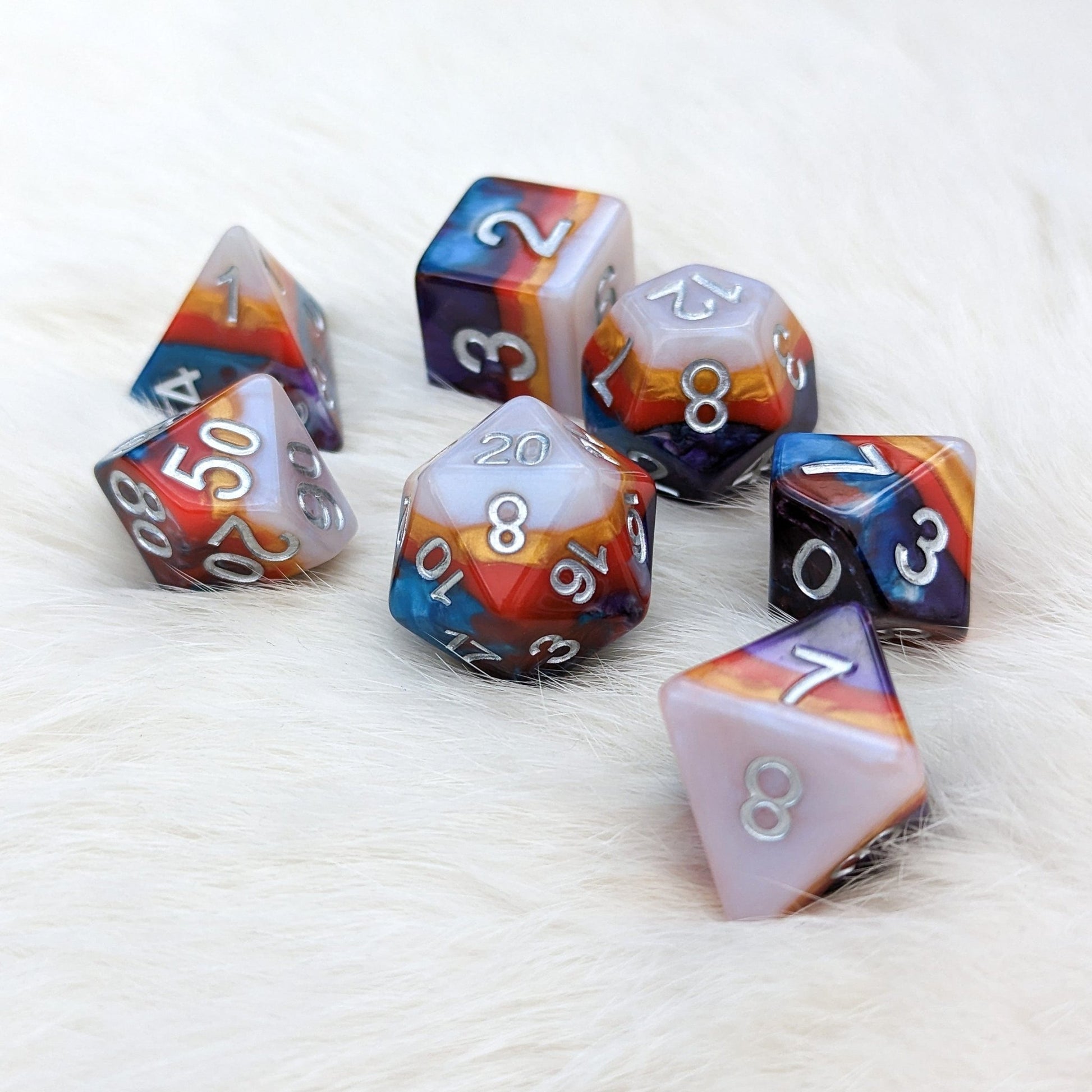 Retro Flash Dice Set – 7 - Piece Rainbow Layered Resin DnD Dice - Fennek and Finch