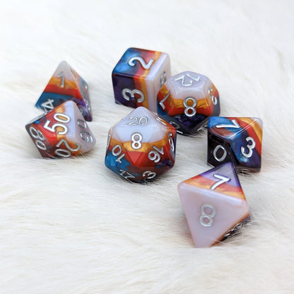 Retro Flash Dice Set – 7 - Piece Rainbow Layered Resin DnD Dice - Fennek and Finch