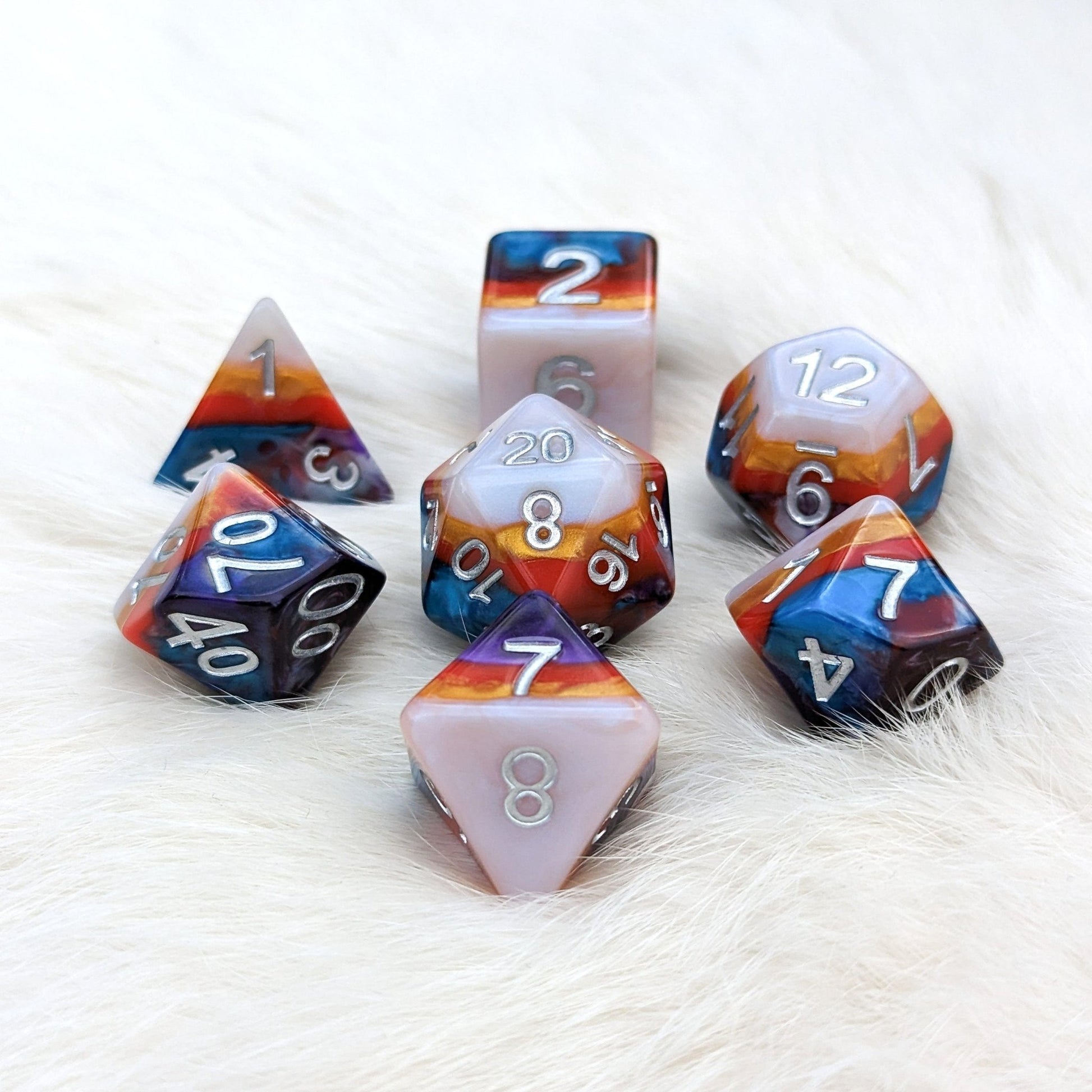 Retro Flash Dice Set – 7 - Piece Rainbow Layered Resin DnD Dice - Fennek and Finch