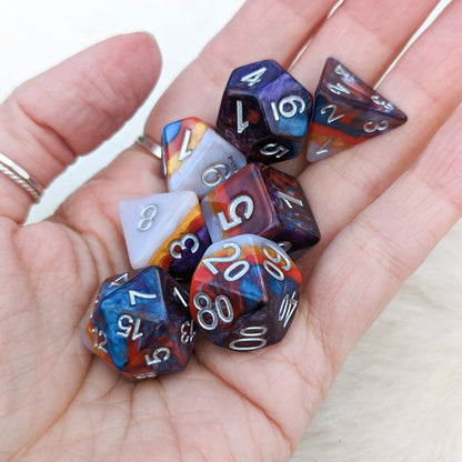Retro Flash Dice Set – 7 - Piece Rainbow Layered Resin DnD Dice - Fennek and Finch
