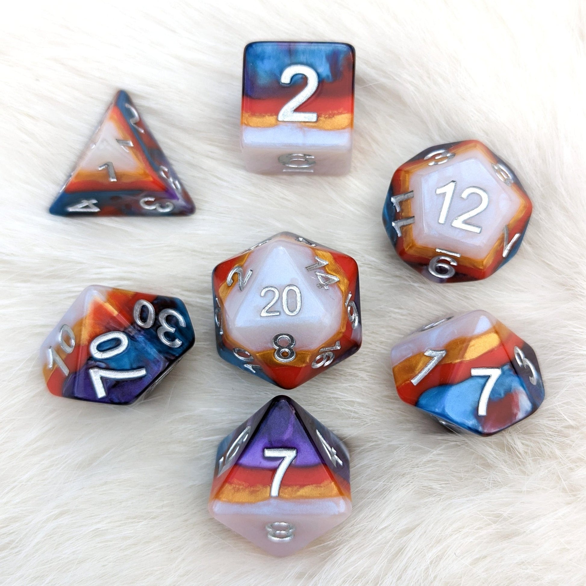 Retro Flash Dice Set – 7 - Piece Rainbow Layered Resin DnD Dice - Fennek and Finch
