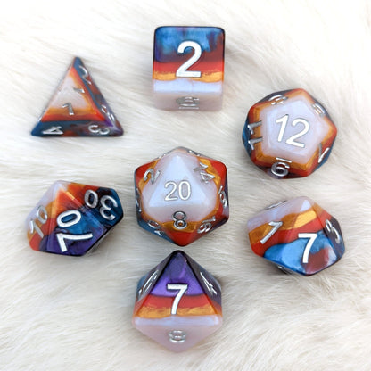 Retro Flash Dice Set – 7 - Piece Rainbow Layered Resin DnD Dice - Fennek and Finch