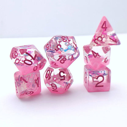 Ribbons and Bows Dice Set – 7-Piece Translucent Pink Iridescent Ribbon Glitter Dice sets Fennek and Finch