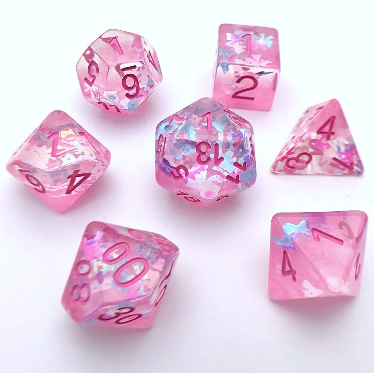 Ribbons and Bows Dice Set – 7-Piece Translucent Pink Iridescent Ribbon Glitter Dice sets Fennek and Finch