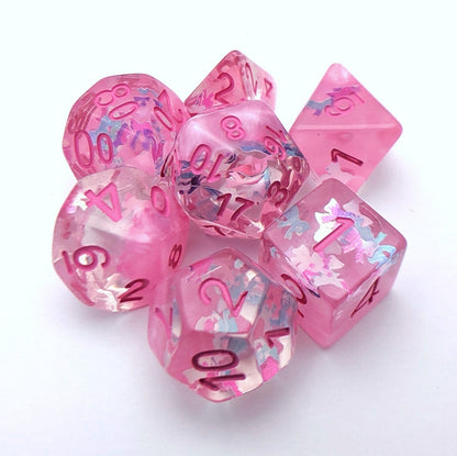 Ribbons and Bows Dice Set – 7-Piece Translucent Pink Iridescent Ribbon Glitter Dice sets Fennek and Finch