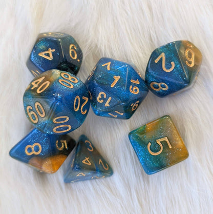 River at Dusk Dice Set – 7 - Piece Blue Purple Twilight DnD Dice - Fennek and Finch