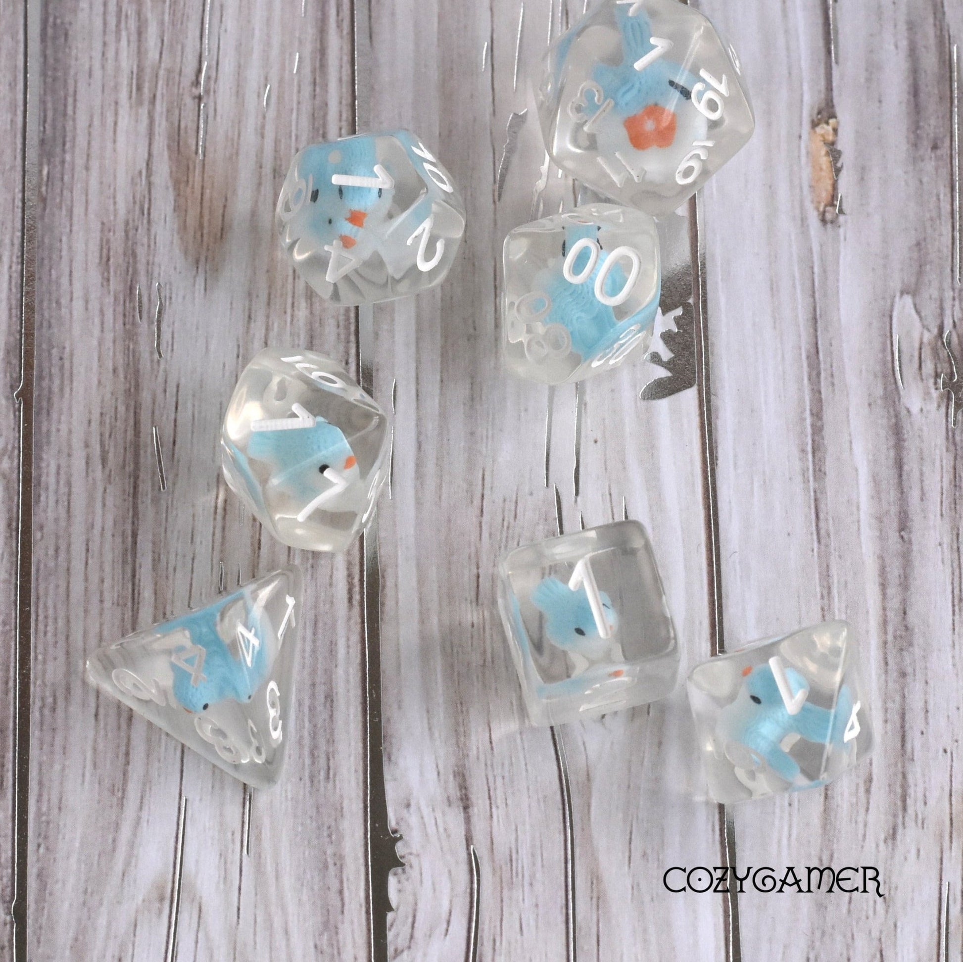 Robin Dice Set. Clear Resin with Tiny Blue Birds Dice Sets & Games Fennek and Finch