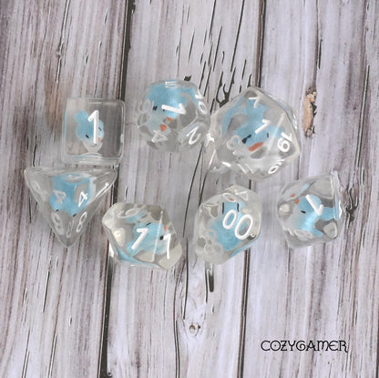 Robin Dice Set. Clear Resin with Tiny Blue Birds Dice Sets & Games Fennek and Finch