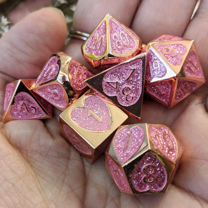 Romance Addict Dice Set. Pink Glitter Heart Copper Metal Dice Dice Sets & Games Fennek and Finch