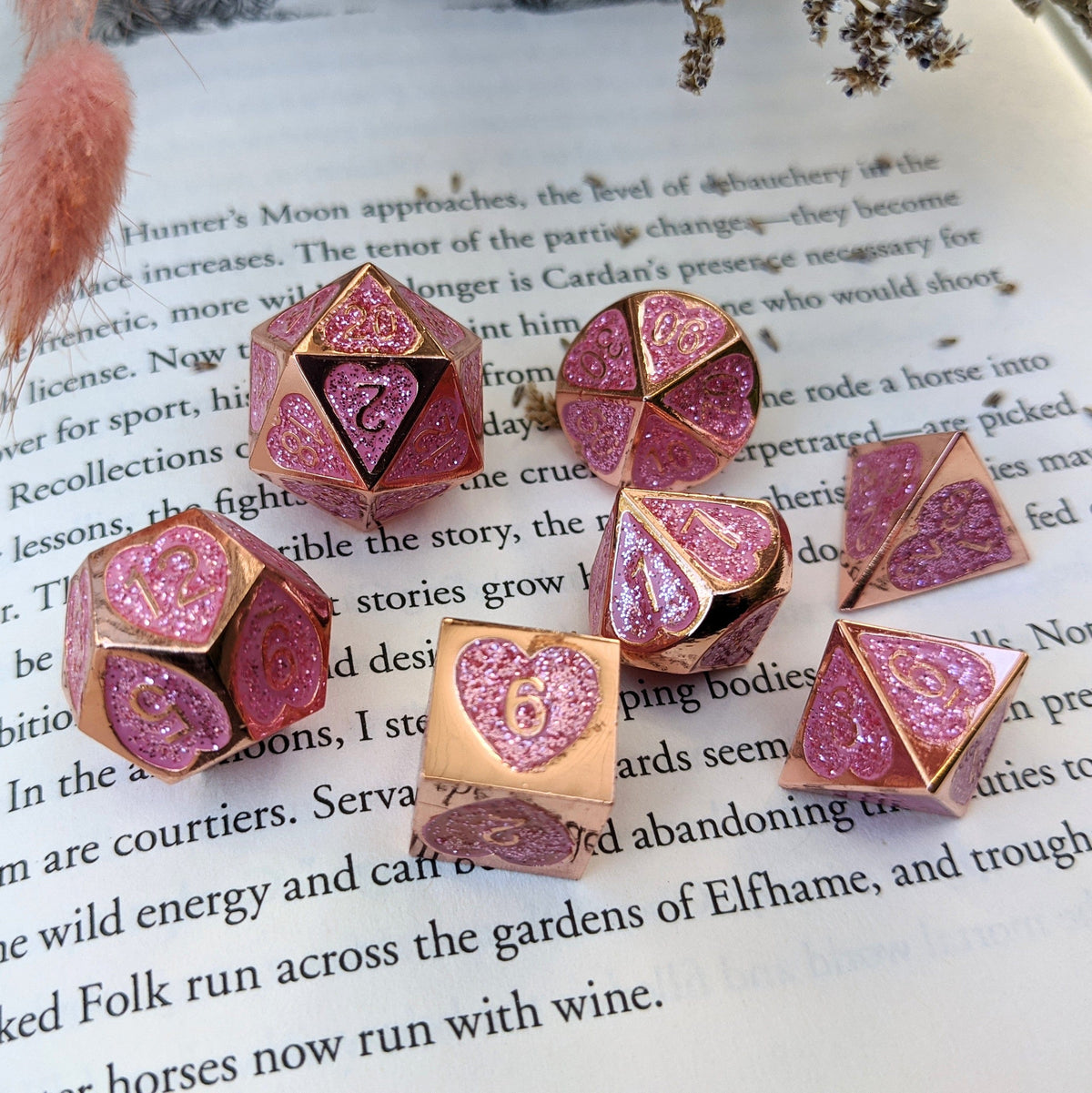 Romance Addict Dice Set. Pink Glitter Heart Copper Metal Dice Dice Sets & Games Fennek and Finch