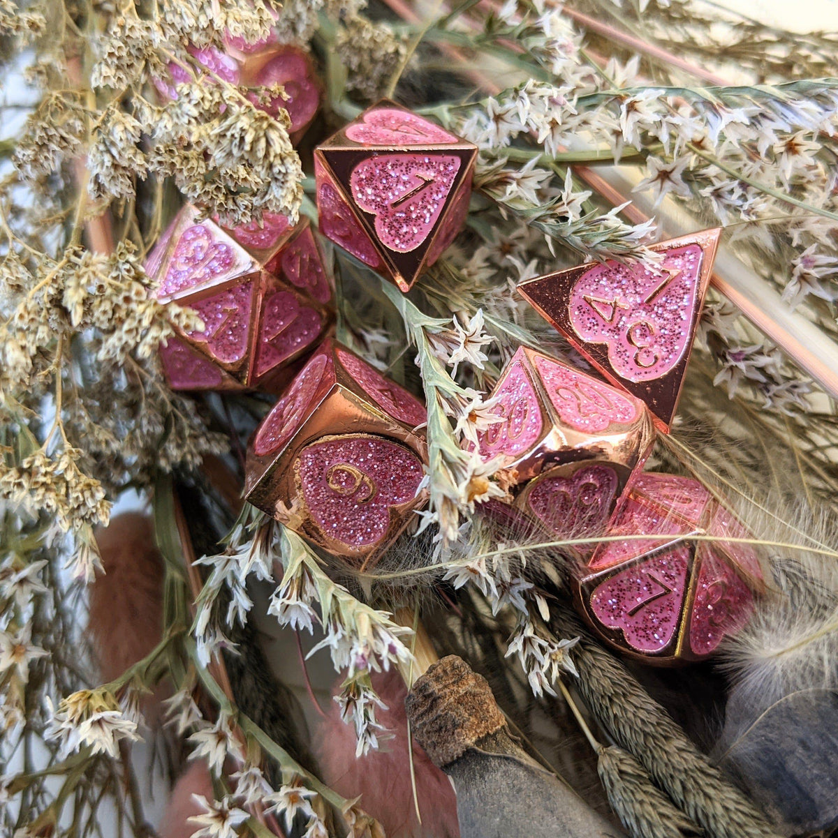Romance Addict Dice Set. Pink Glitter Heart Copper Metal Dice Dice Sets & Games Fennek and Finch