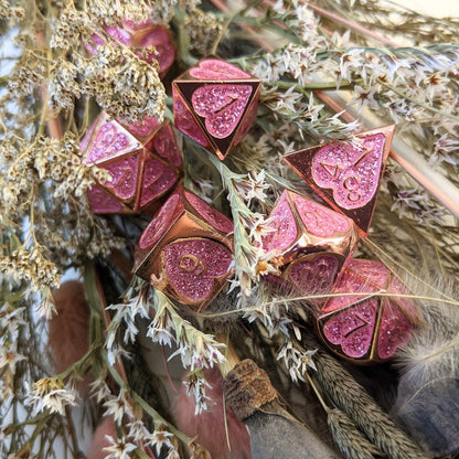Romance Addict Dice Set. Pink Glitter Heart Copper Metal Dice Dice Sets & Games Fennek and Finch