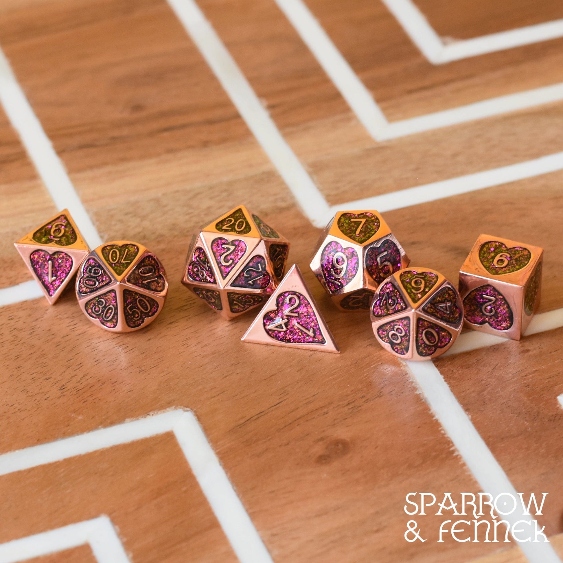 Romance Addict Metal Dice Set Copper and Pink